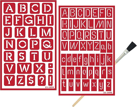2 Reusable Glass Etching Stencils - Etching Letter Stencils Set - Contemporary Etch Letters Stencils, Neon Alphabet Upper and Lower Case Self Adhesive Etch Stencil with Brush