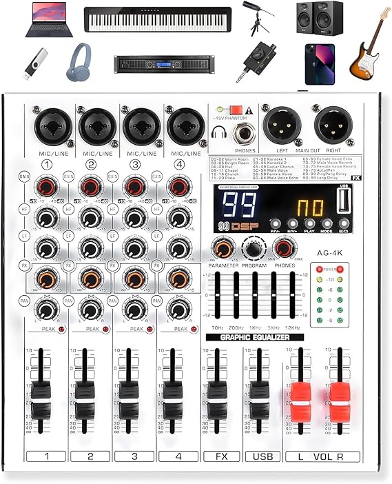 Professional 4-Channel DJ Audio Mixer with Bluetooth, 5-Band EQ, 99 DSP Effects, USB Audio Interface, +48V Phantom Power for Live Streaming, Podcasting, Karaoke, Home Studio Recording