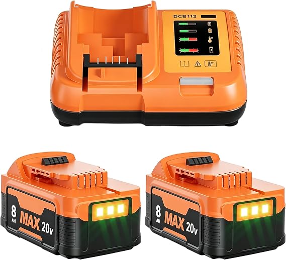2 Pack 8.0Ah Replacement for Dewalt 20V Battery and Charger Kit Compatible