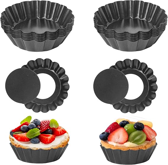 16 Pcs 4 Inch Tart Pans with Removable Bottom, Nonstick Mini Quiche Pan Fluted Sided, Round Tart Pans Carbon Steel for Baking, Fruit Tart, Pies (Dark Gray)