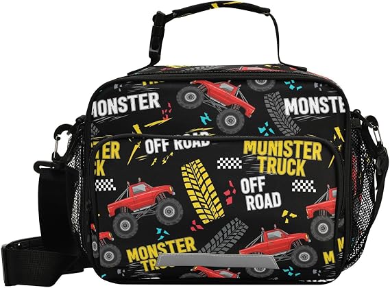 Sinestour Monster Trucks Black Insulated Lunch Bag with Adjustable Shoulder Strap Removable Reusable Cooler Bag for Women Men Boys Girls Reusable Tote Lunch box for School Picnic Work
