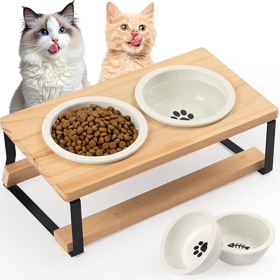getlstub Elevated Cat Bowls with Wood Stand - Raised Cat Food and Water Bowls for Indoor Cats & Small Dogs, 15Tilted High Ceramic Anti-Vomit Pet Feeder, Whisker Fatigue Friendly