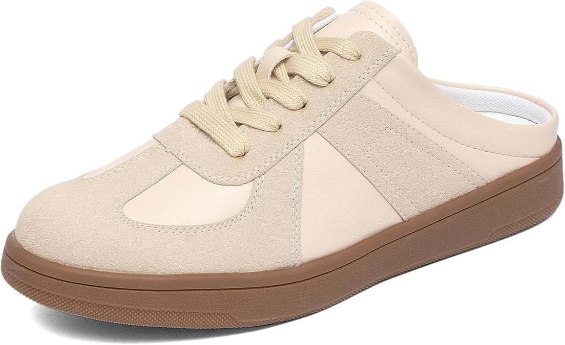 NEWBELLA Women's Lace-Up Mule Sneakers Fashionable Backless Sneakers for Women Apricot