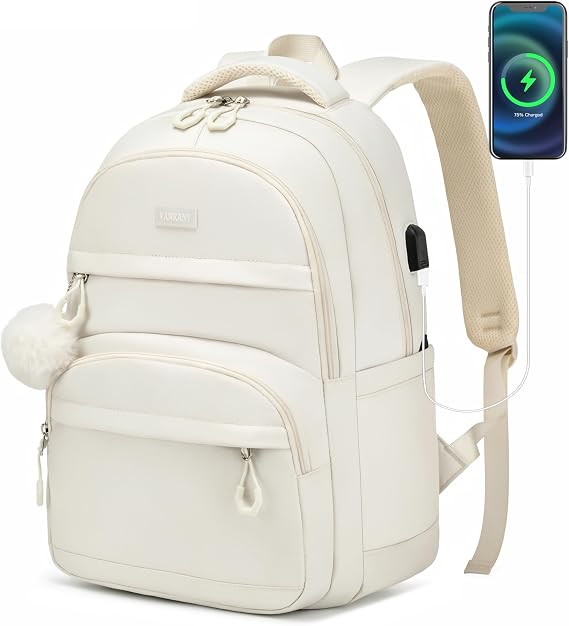 Girls Backpack School Bag, 17.3in Laptop Backpack with USB Charging Hole for Women, Aesthetic College Bookbag for Teens Students, Beige