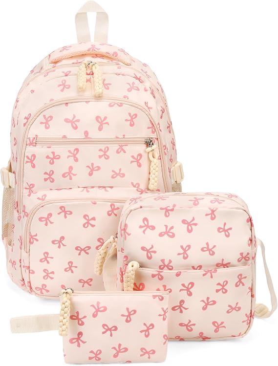 Bow Backpack for Women Coquette Aesthetic Nylon Rucksack Cute Kawaii Backpack 3Pcs Set With Bow Pattern