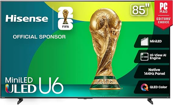 Hisense 85" Class U6 Series Mini-LED 4K UHD Smart Fire TV (85U65QF, 2025 Model) - QLED, Native 144Hz, HDR10+, Dolby Vision IQ, Dolby Atmos, Game Mode Pro, ALLM, Alexa Built in, Black