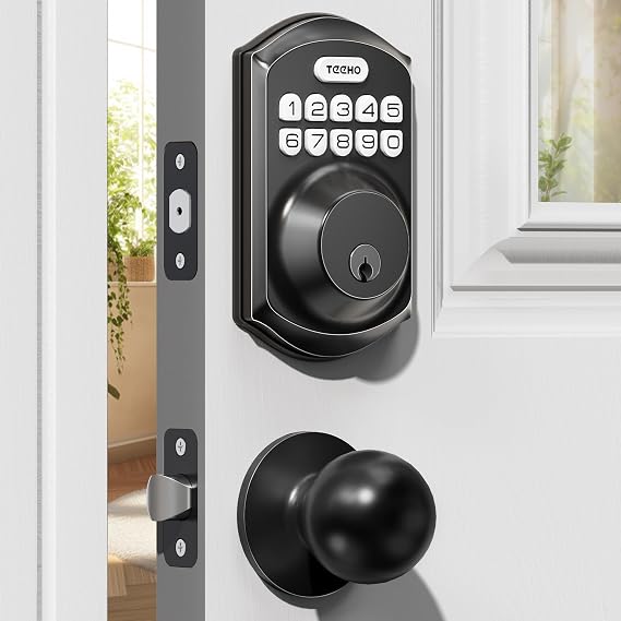 TEEHO TE001K Keyless Entry Door Lock with Knob for Front Door, Matte Black | ANSI Grade 3 Security, 20 User Codes, Auto & One-Touch Lock, Anti-Peeping, IP54 Waterproof, Low Battery Alert, Easy Install