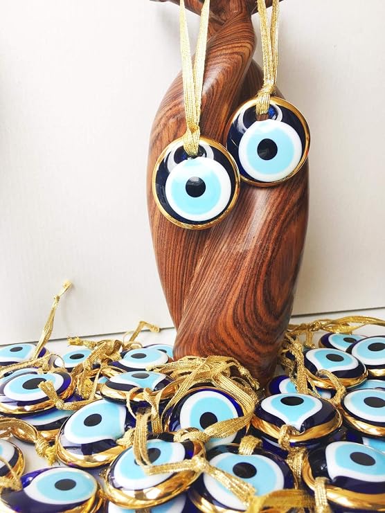 Bion, Gold - Silver Evil Eye Glass Beads, 1.7" (4.5cm), malocchio Evil Eye Wall Hanging, Gold Evil Eye Charm, car Rear Mirror Charm, Greek Eye, Ojoturco, Turkish Evil Eye, Nazar (Gold - 10 PCS)