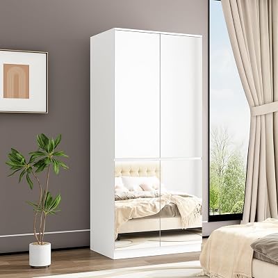 FUFU&GAGA Wardrobe with Mirror Doors, White Bedroom Armoire with Shelves, Hanging Rod, Mirror Wardrobe Closet Modern Clothes Storage Cabinet for Guest Room Cloakroom, 31.5W x 19.7D x 70.9H