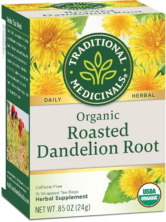 TRADITIONAL MEDICINALS Organic Roasted Dandelion Root, 16 Count (2 Pack)