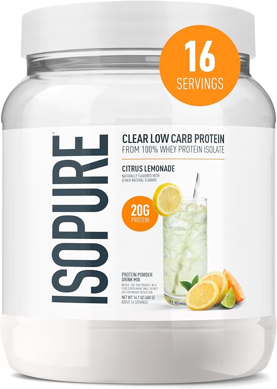 Isopure Clear Whey Isolate Protein Powder, Lactose Free, Gluten Free, Naturally Flavored, Citrus Lemonade, 20g Protein Per Serving, 14.1 Oz, 16 Servings (Packaging May Vary)