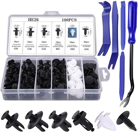 100PCS Car Trim Clips Kit with 5 Trim Removal Tools,Car Body Trim Clips,Universal Auto Body Fasteners for Door, Bumper, Panel, Easy Install & Secure Fit