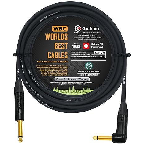 WORLDS BEST CABLES 30 Foot - Gotham GAC-1 Ultra Pro - Premium Low-Cap (21 pf/F) Guitar Bass Instrument Cable w/Neutrik Gold Straight to Angled 14 inch (6.35mm) TS Connectors - Custom Made