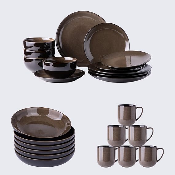 Ceramic Dinnerware Sets of 6,Stoneware Plates and Bowls Sets,Handmade Reactive Glaze Dishes Set,Chip Resistant and Scratch Resistant | Oven&Dishwasher & Microwave Safe-Chestnut(32 PCS)