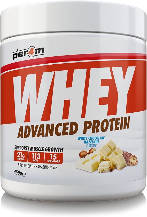 Per4m Whey Protein Powder | High Protein Shake for Muscle Growth & Recovery | Low Sugar Gym Supplement | Sports Nutrition Drink + Amino Acids (450g, White Chocolate Hazelnut)