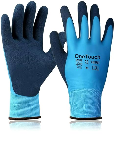A406 5 Pairs Blue Waterproof Latex Coated Nylon Safety Work Gloves - Heavy Duty Grip Winter Builder Gloves (Small/7)