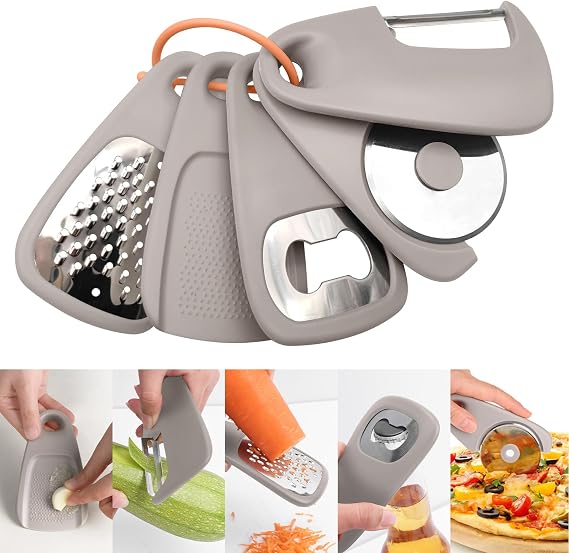 Kitchen Tools Set Cheese Grater Bottle Opener Fruit Vegetable Peeler Pizza Cutter Garlic Ginger Grinder Stackable Cooking Utensils Space Saving for Kitchen 5 Pieces
