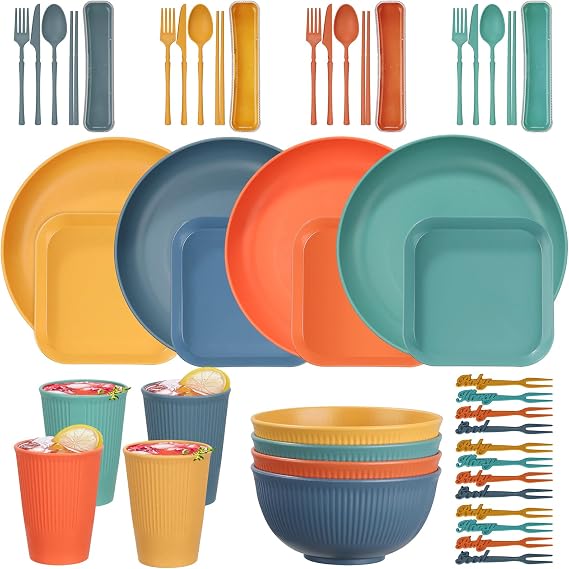 48pcs Dinnerware Set Camping Plates Picnic Cereal Bowls for 4 People, Unbreakable Tableware Colorful Plastic Lightweight Serving Plates, Bowls, Cups, Cutlery Set, Forks Party Reusable Plates Bowls Set