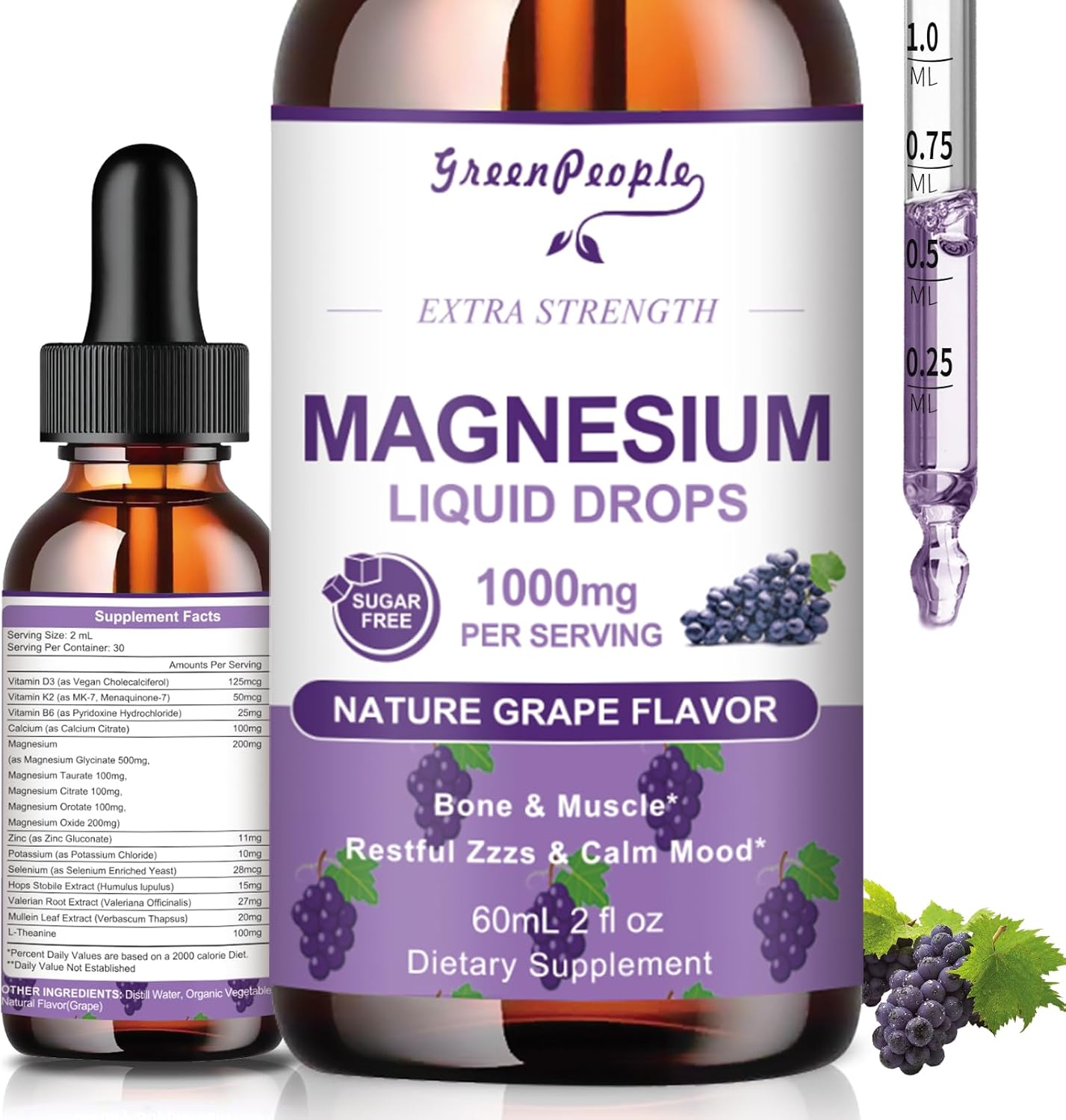GREENPEOPLE Magnesium Glycinate Liquid Drops - 4-in-1 High Absorption Liquid Magnesium for Sleep with Saffron, GABA & Bacopa | Fast-Acting, Bone, Muscle & Sleep | Sugar-Free Grape Flavor, 2fl Oz Vegan