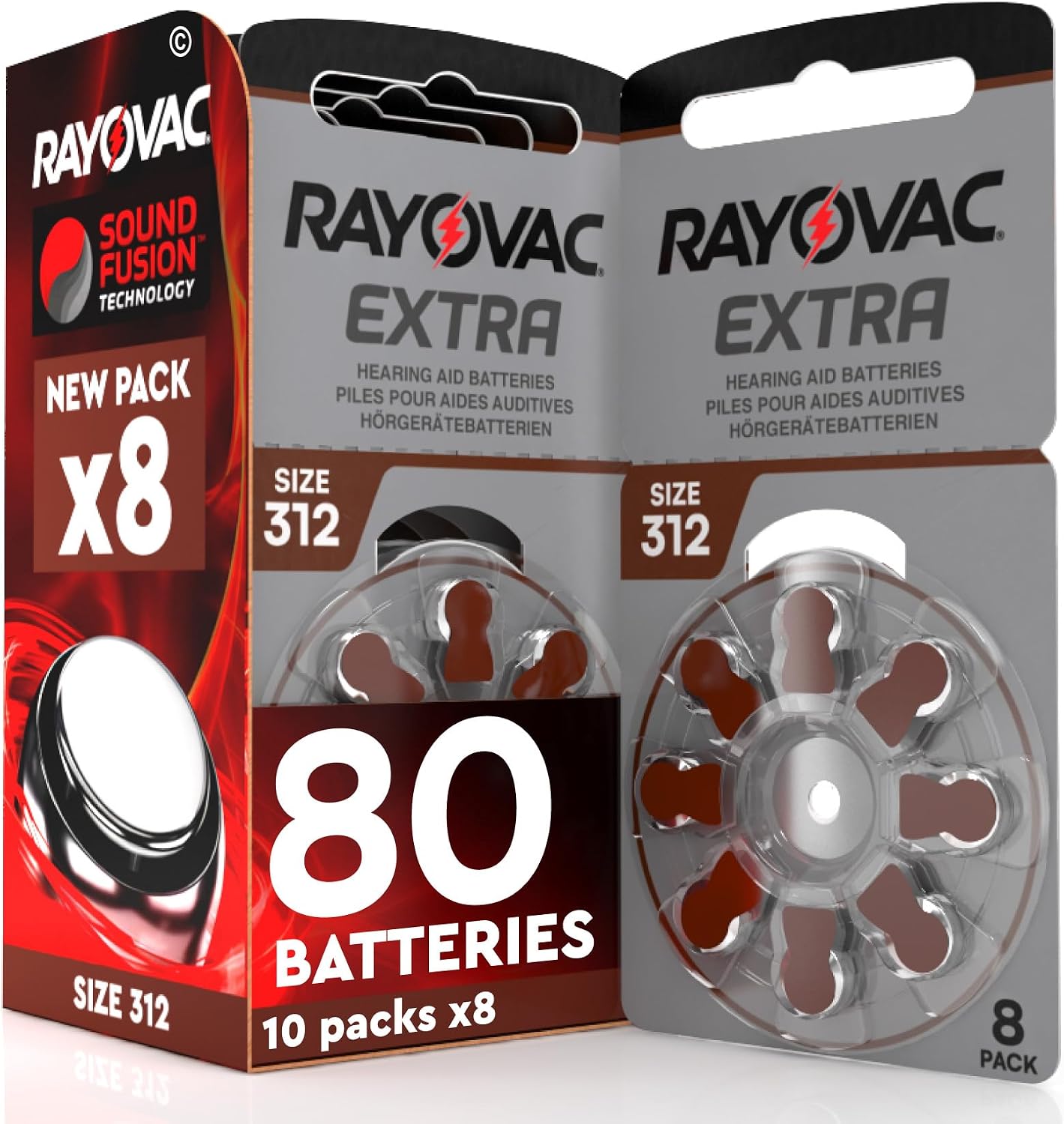 80 Hearing Aid Batteries Rayovac Extra 312. 10x8 Pack PR41 Brown Size