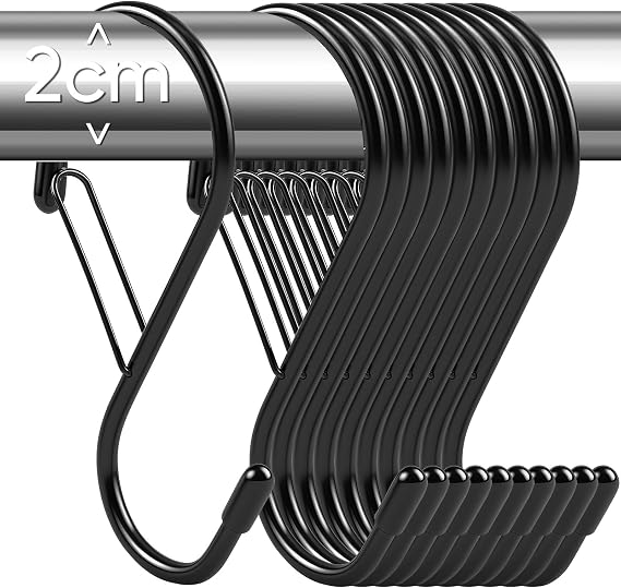 10 Pack 10cm Large S Hooks for Hanging with Safety Buckle- Heavy Duty Solid Metal Steel Black S Shaped Closet Hooks for Hanging Plants, Kitchen Utensils, Jeans, Bags, Pots, Fit Most of Rod