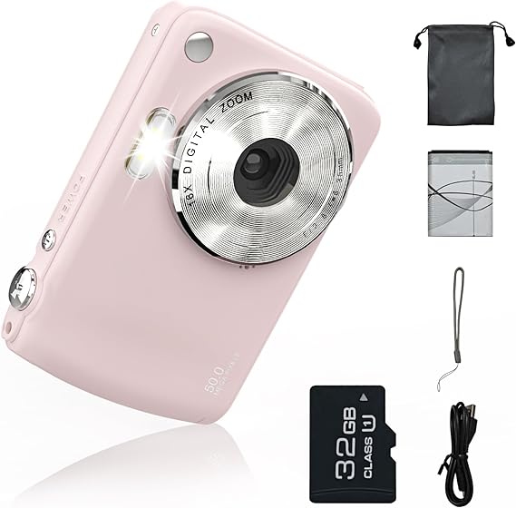 Digital Camera for 50MP FHD 1080P, Digital Point and Shoot Camera with 16X Zoom Anti Shake, Indoor&Outdoor Travel Compact Small Cameras Gift for Boys Girls Kids Camera with 32GB Card, Pink