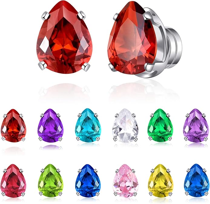 Spiritlele 12 Pairs Birthstone Magnetic Earrings Set Cubic Zirconia Clip on Non Piercing Fake Stud Earrings Birthday Gifts Unisex