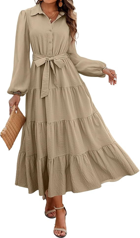 dowerme Women's Long Sleeve Dress 2026 Button Down Belted A-Line Flowy Spring Outfits Ruffle Maxi Holiday Party Dresses