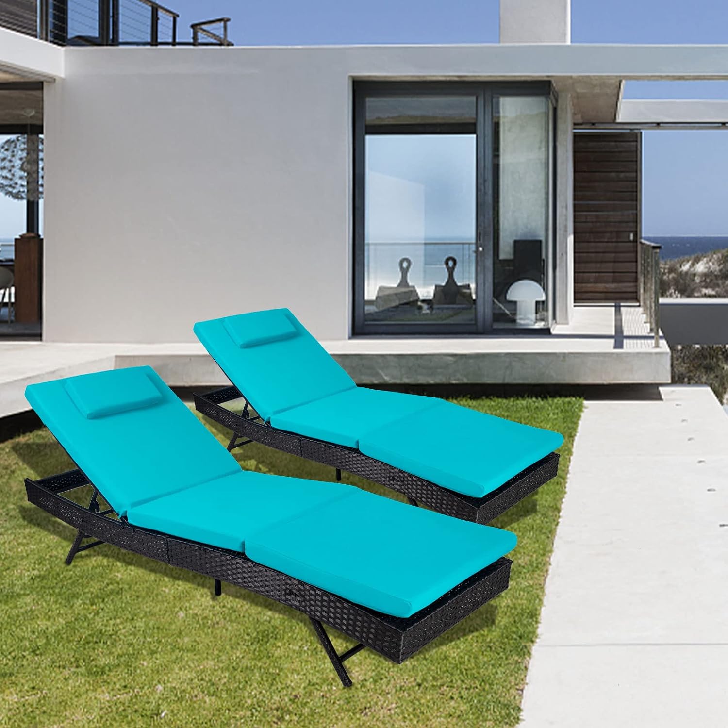 2 Pieces Outdoor Patio Chaise Lounges Chairs Furniture Adjustable Wicker Couch Bed Blue Thick Cushion