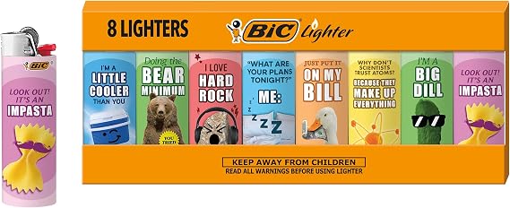 BIC Maxi Pocket Lighters, Special Edition Witty Series, 8-Count Pack | Unique Witty Designs for Every Occasion | Perfect for Collectors and Gifting | Reliable Performance with Every Use