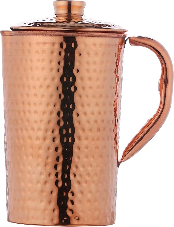 Copper Pitcher with Lid 100% Pure Copper Hammered Water Pitcher 50.7 oz 1.5 Liter for Drinking Water, Traditional Copper Pitcher for Home & Kitchen