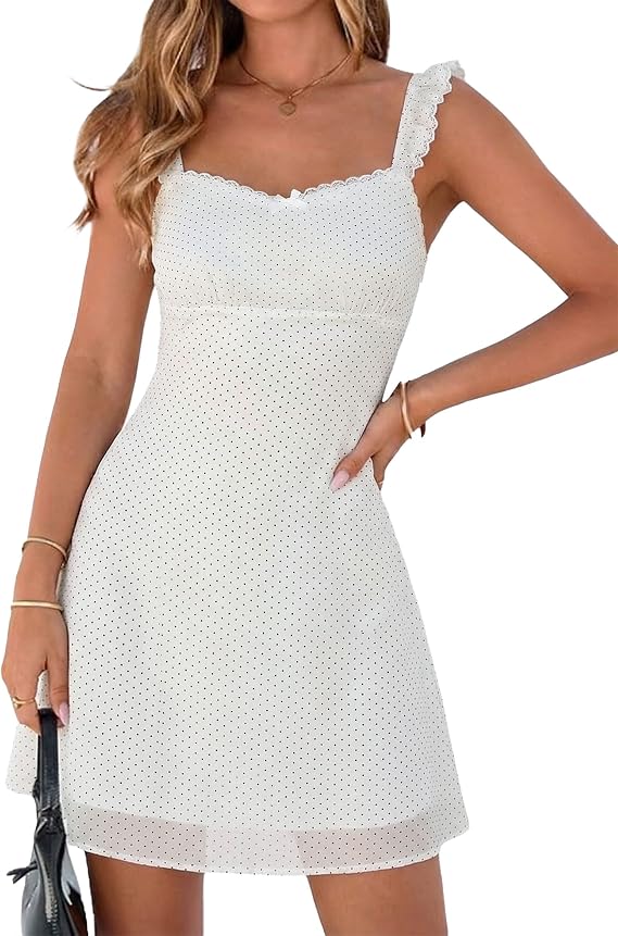 FOMELY Women's Polka Dot Dress Lace Ruffled Straps Cute Mini Tank Dress