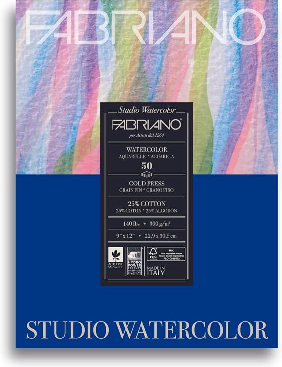 Fabriano Studio Watercolor Pad, Cold-Press, 9" x 12", 140 lb., 50 Sheets