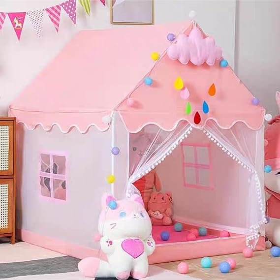 Kid Play Tent with Lights,Flags & Clouds,Kids Playhouse Tent Indoor&Outdoor | Kids Play Tent with Windows -Large Toddler Tent for Children-Toy Party House Gift for Boys & Girls -Pink -128 * 120 * 105 cm