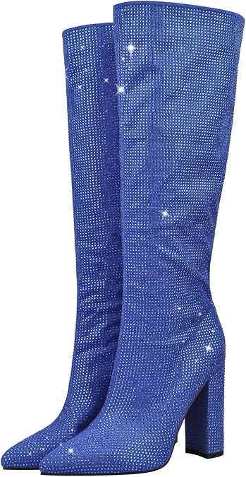 Only maker Women's Rhinestone Knee High Boots Chunky Heel Pointed Toe Pull on Glitter Party Sexy Mid Calf Boots