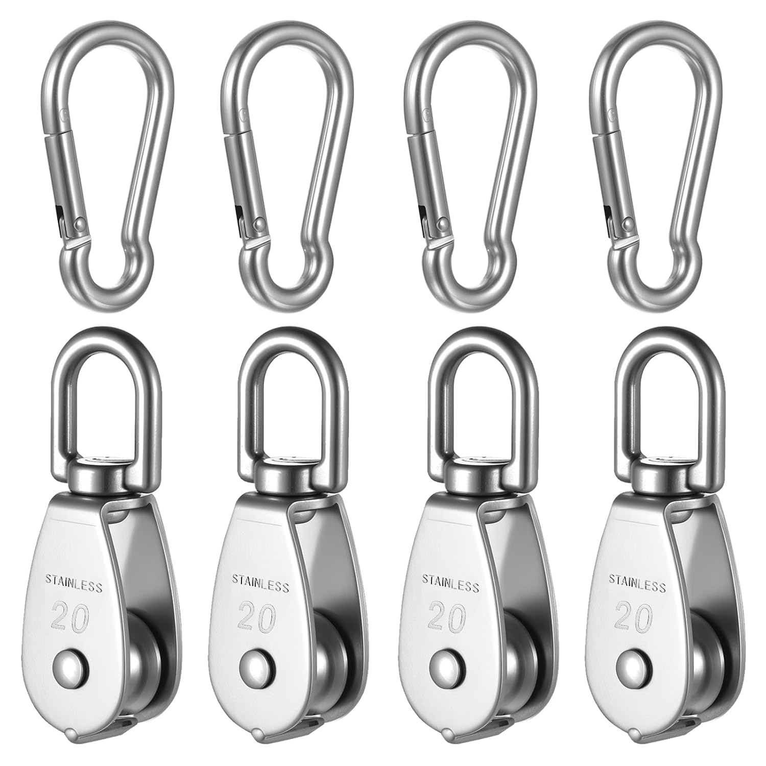 4 Stück Umlenkrolle Seilwinde Flaschenzug Klein 304 Edelstahl M20 Seilrolle Umlenkrollen für Seile Schwenkbar Pulley Wheels mit 4 Stück M6 Karabiner für Sonnensegel Fitness(Tragkraft 75KG)