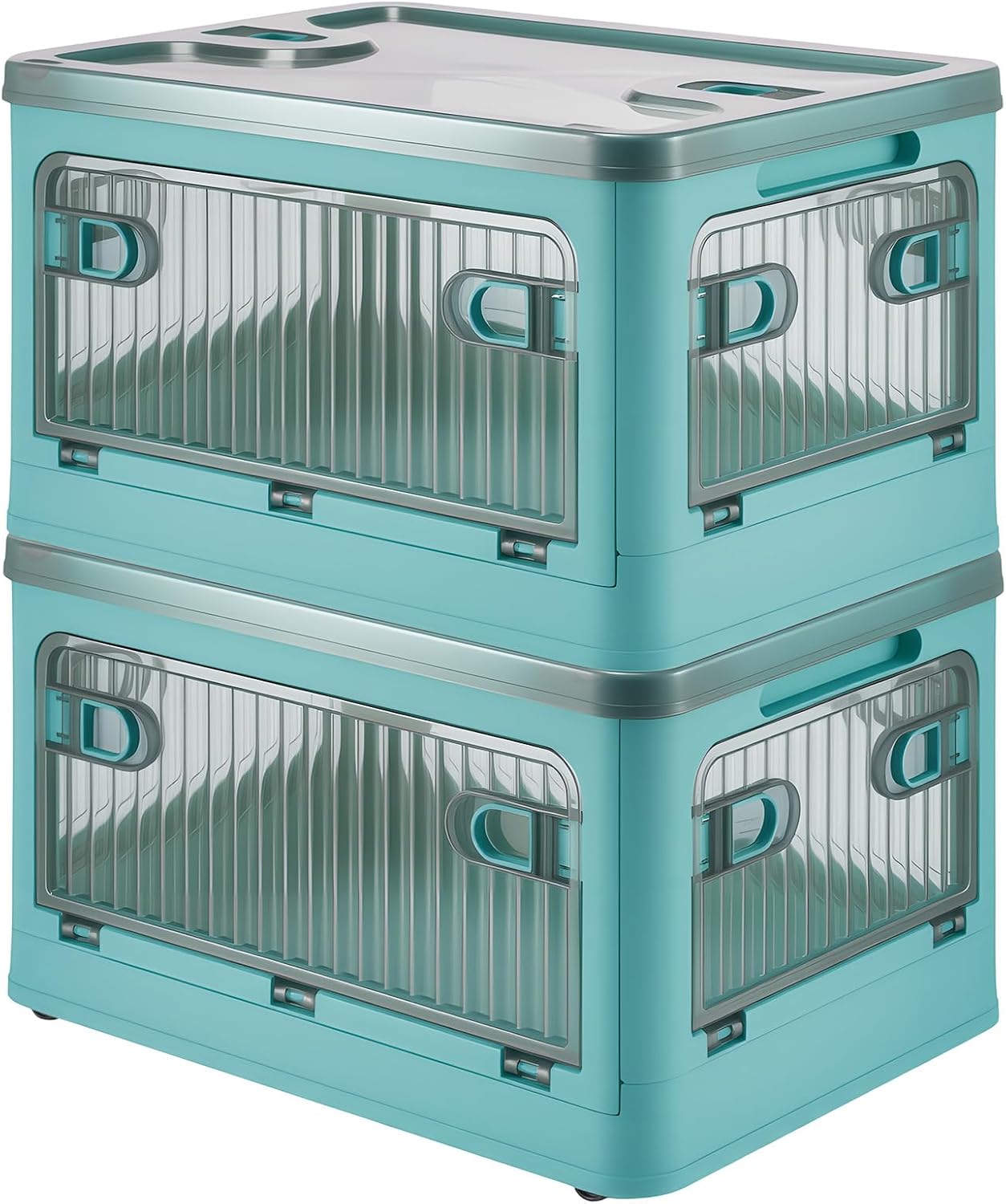 2 Pack 28L Folding Storage Boxes with Lids and Wheels, Stackable Plastic Organizer Bins with Front Doors for Bedroom Closet Living Room Office (Blue)
