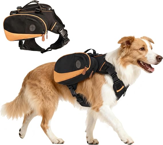 Dog Backpack for Medium & Large Dogs, Detachable Side Bags, Quick-Poop Bag Dispenser | No-Pull Adjustable Harness for Large-Chested Breeds | Non-Slip Handle for Hiking, Walking, Outdoor Adventures(L)