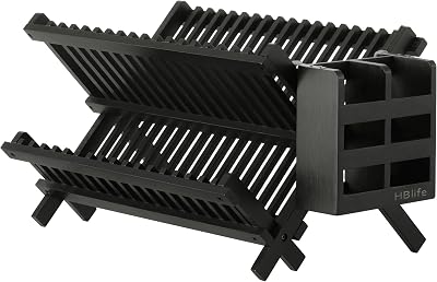 HBlife Dish Rack, Black Bamboo Folding 2-Tier Collapsible Drainer Dish Drying Rack with Utensils Flatware Holder Set Dish Rack with Utensil Holder