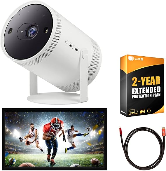 Samsung The Freestyle Projector, Up to 100" Screen, Smart TV, 360 Degree Sound (SP-LSP3BLAXZA) Bundle with 2 YR CPS Protection Pack, Deco Gear HDMI Cable and 120" Screen