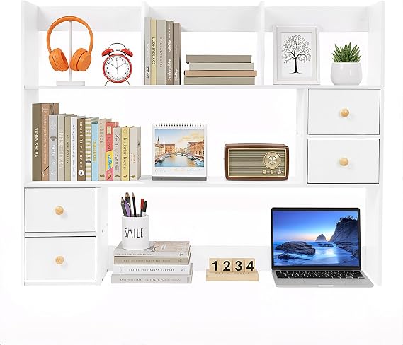 3-Tier Desktop Hutch Bookshelf, 31.5 Inch Desktop Bookshelf Storage Rack with 4 Drawers, Desk Hutch for Computer Monitor, Desk Shelf Bookcase for Home Office Dorm