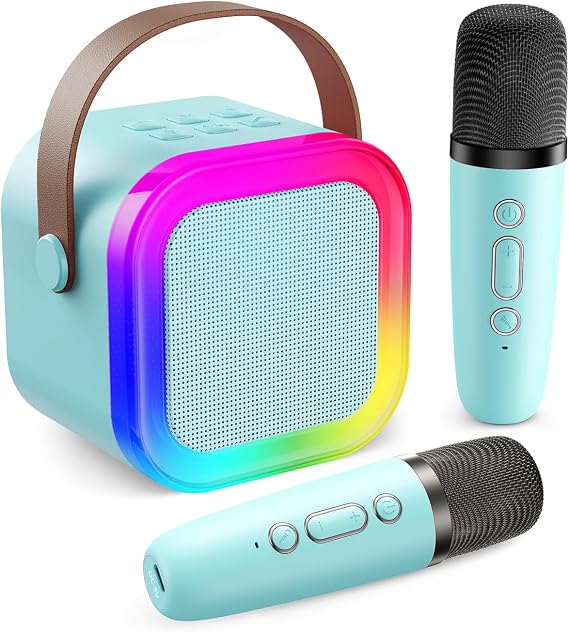 Karaoke Machine for Kids Adults, Mini Karaoke Machine with 2 Wireless Microphones, Portable Bluetooth Speaker with Voice Changing Effects & LED Lights, Best Gifts Toys for Girls and Boys