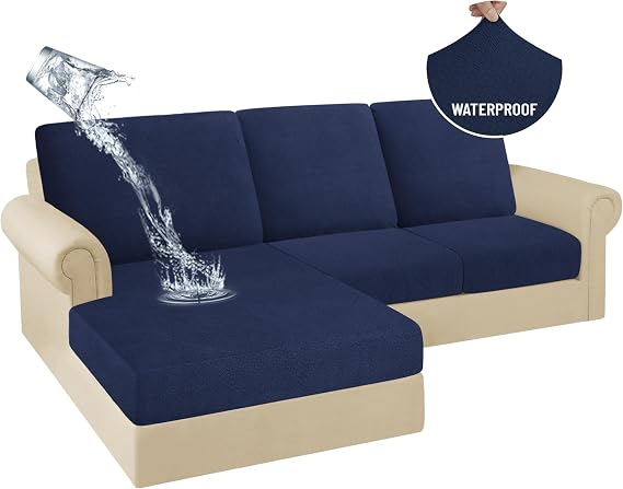 HDCAXKJ 100% Waterproof Sectional Couch Cushion Covers 6 Pieces L Shape Sectional Cover Stretch Chaise Sofa Seat Slipcover Set Pets Jacquard Magic Sofa Cover (Navy, 2 Seater + 3 Backrest + 1 Chaise)