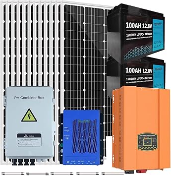 1440W Off Grid Solar Panel Kit 24V Complete Solar System with 12pcs 120W Solar Panel and 3000W Pure Sine Wave Inverter and 4 String Combiner Box and 60A MPPT Charge Controller and 2pcs 100AH Battery