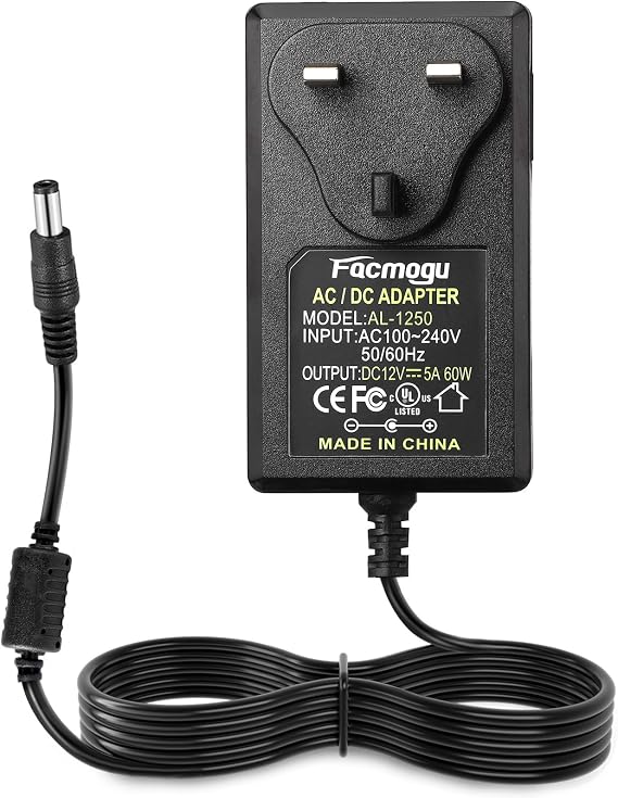 Facmogu 12V 5A 60W Power Supply Adapter, AC 100-240V to DC 12V Power Wall Adapter UK Plug, 60W 3-Pin UK Plug for LED Light Strip/Monitors/TV/CCTV/Amplifier/Cameras, 5.5 x 2.5mm & 5.5 x 2.1mm DC Jack