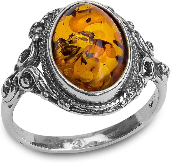 Amber Sterling Silver Oval Filigree Ring