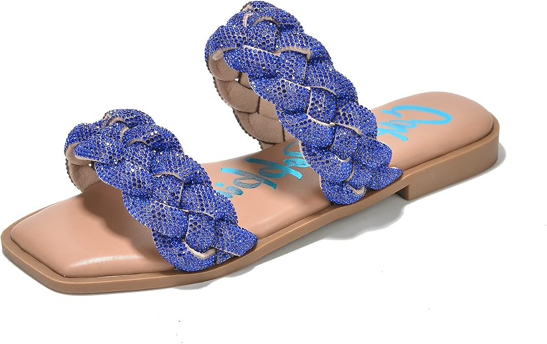 Cape Robbin Women's Slip-On Flat Sandals - Rhinestone-Embellished Braided Upper (Mana)