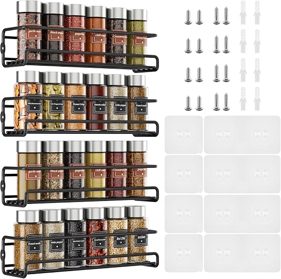 Gewürz Organizer Schrank 4 Pack Spice Rack Metall Gewürzregale Gewürze Organizer Gewürzorganizer Wandmontiert Kräuterregal Küche mit Klebeaufkleber und Schrauben für Schranktür Organizer