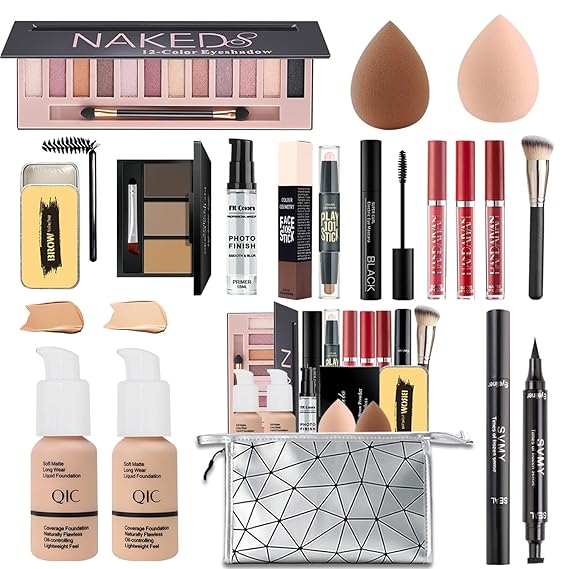 All in One Makeup Kit for Women Full Kit, Make Up Gift Set with Foundation, Primer, Lipstick, Eyeshadow, Mascara, Brow Powder & Soap,Eyeliner,Contour,Brush,Sponge,Bag - Ideal for Daily Wear & Gifting