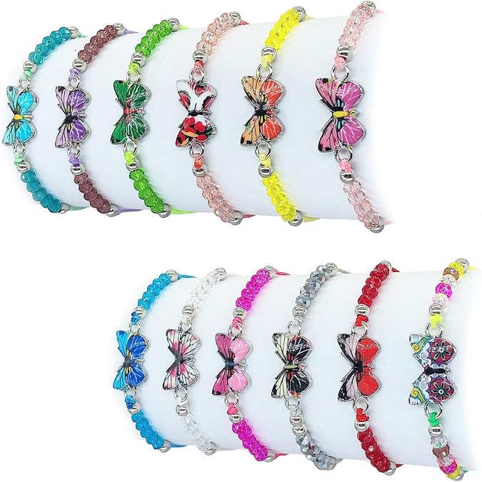 Elesa Miracle 12pc Women Girl Butterfly Woven Friendship Crystal Bead Bracelet Value Set Kids Party Favor Adjustable Bracelet
